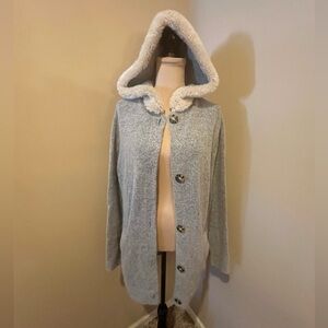 H&M Soft Gray Mohair Blend Knit Sweater, fur trimmed hood, size Small